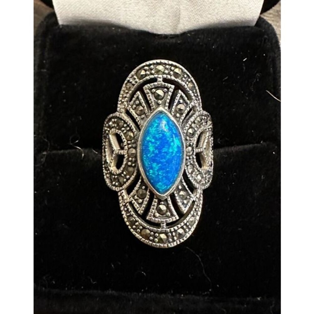 Blue Fire Opal Filigree .925 Sterling Silver Ring Size 7